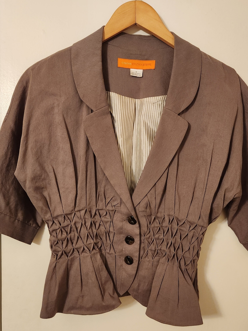 Cynthia Steffe Women's Taupe Short Sleeve Smocked Waist Linen Jacket